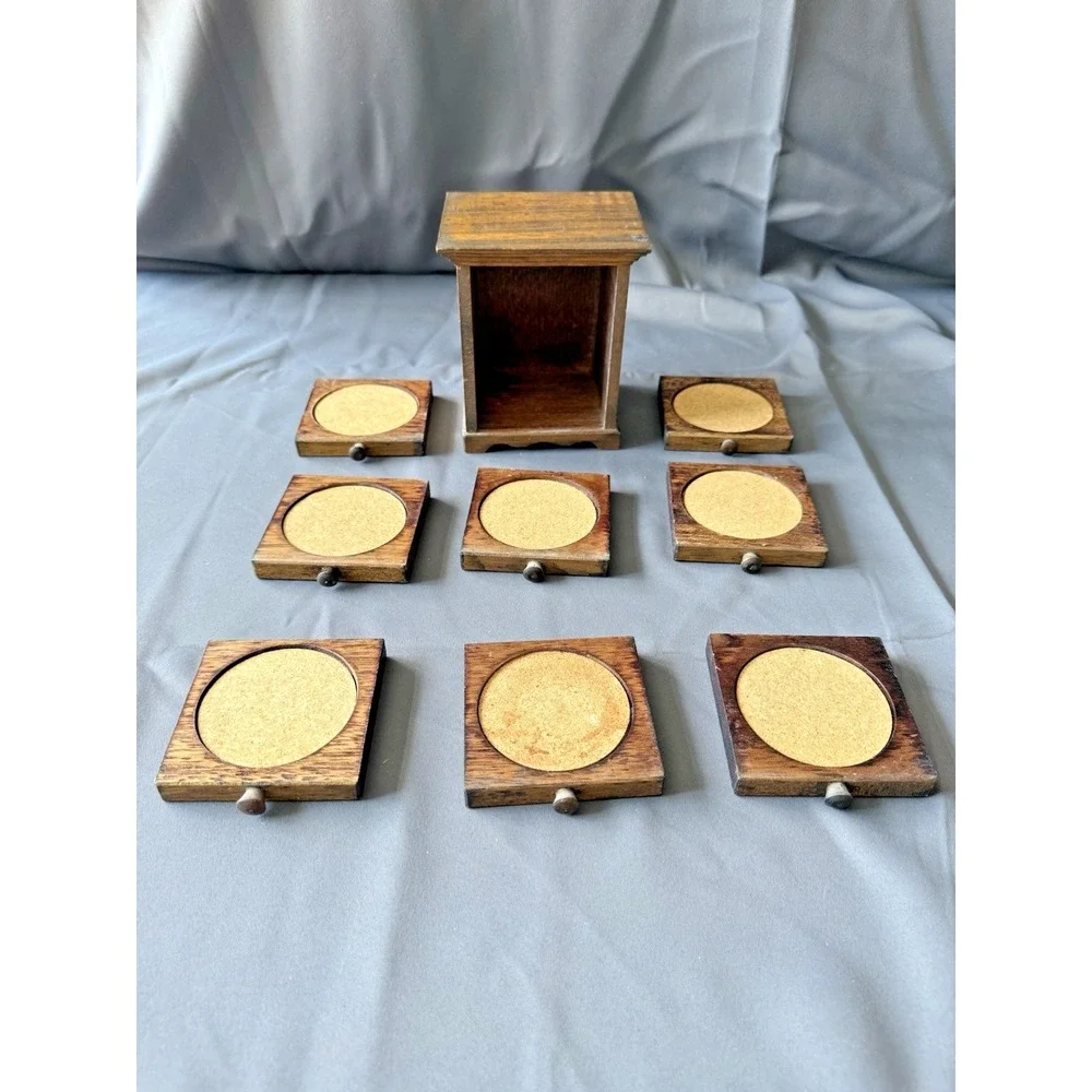 Vintage Set‎ of 8 Wooden Stackable Drawer Drink Cocktail Coasters Made in Japan